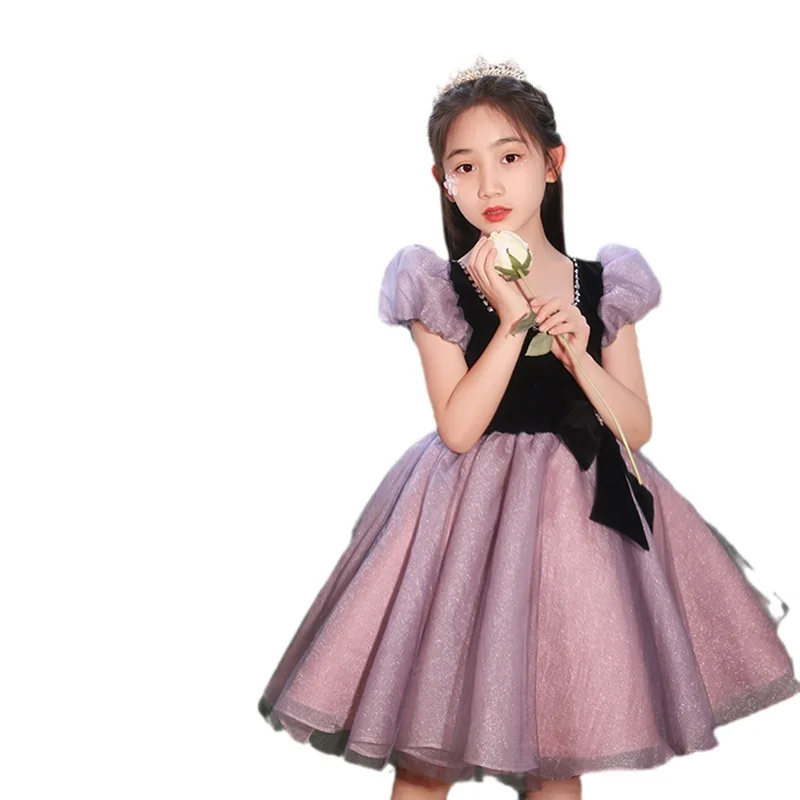 Girls Evening Dresses New 2025 Purple Flower Girl Wedding Birthday Short Square Neck Tutu Party Performance Dress Customized
