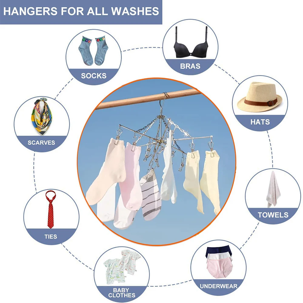 18-Clip Socks & Underwear Hanging Rack, Stainless Steel Clothes Hanger with Clips - Windproof, Durable, Foldable, Space - Saving