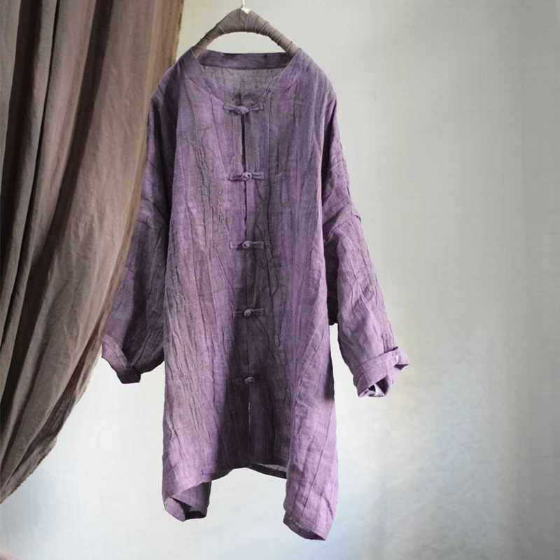 Chinesischen Stil Frauen Casual Leinen Hemd Neue Ankunft 2025, Frühling Vintage Stehkragen Lose Weibliche Lange Tops Shirts M1458