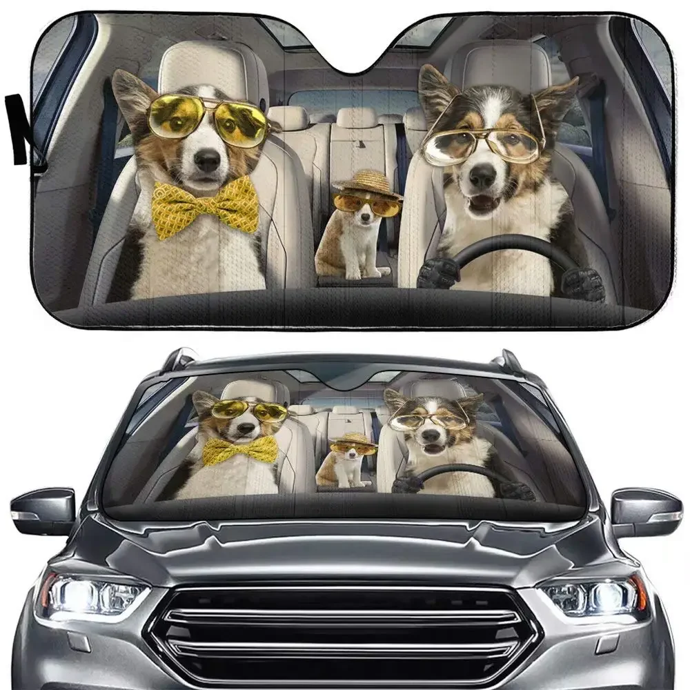 Dog Wear Glasses Driving Auto Windshield Sun Shade, Funny Dog Family Foldable Sun Visor Protector Sunshade for Car Truck SUV to