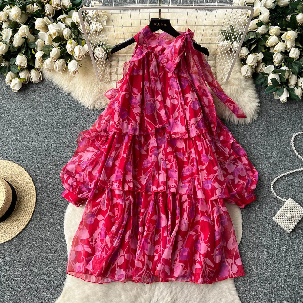 

2024 Summer New Vacation Style Fragmented Flower Women Chiffon Dress Sweet Open Shoulder Lotus Leaf Edge Female Short Skirt