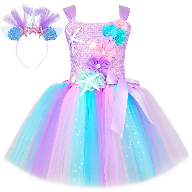 Prinses Zeemeermin Jurk voor Meisjes Pastel Bloemen Verjaardagsfeestje Tutu Jurken Halloween Kleine Zeemeermin Kostuum voor Kinderkleding