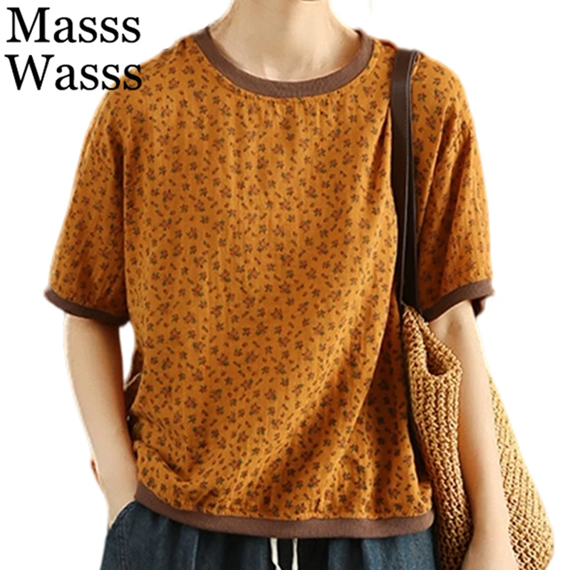 

Mass Wasss брендовые летние женские модные винтажные свободные классические футболки с цветочным принтом, женские топы с принтом для отдыха, хлопково-льняная одежда