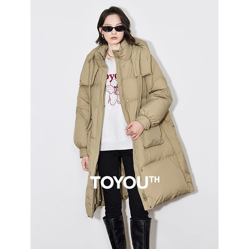 TOYOUTH Women Down Jacket 2024 Winter 90% White Duck Fox Collar Thick Hooded Coat Horn Button Warm Long Overcoat