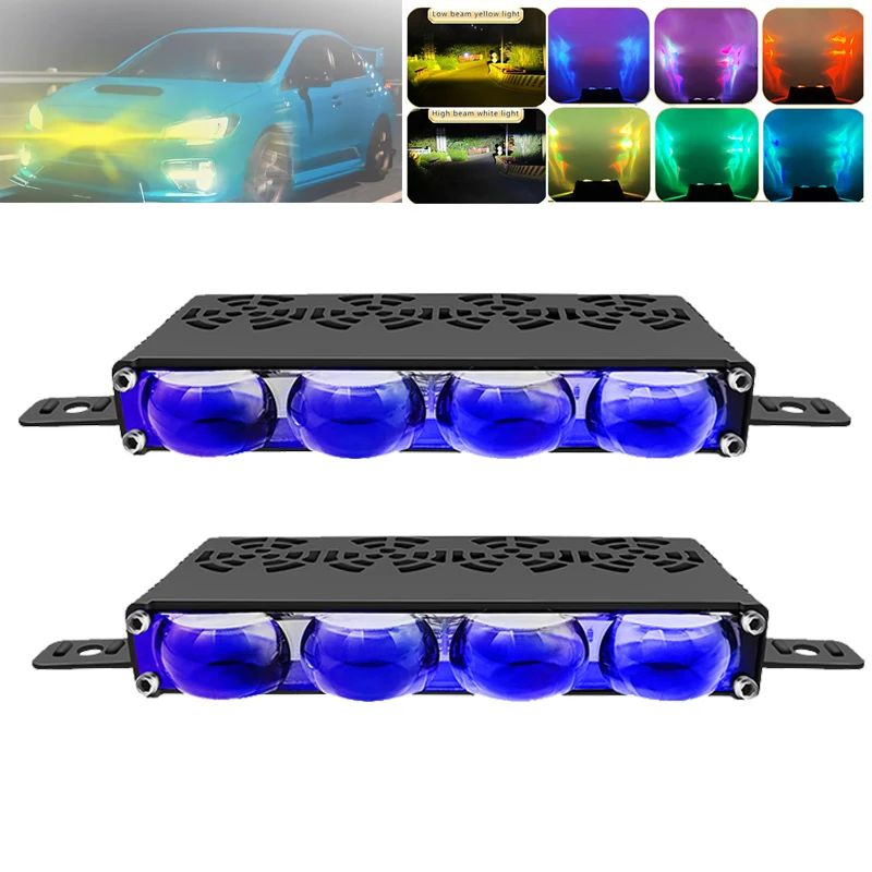 

4-Lens Car Front Grille LED Light Hi-Lo Beam, RGB DRL & Blue Lens Spotlight Offroad Grill Driving Lights Fog Lamp for Truck UTV