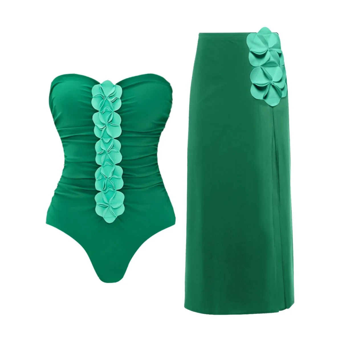 Traje de baño de una pieza para mujer, traje de baño de una pieza verde fresco con hombros descubiertos y flores en 3D, conjunto de traje de baño, estilo de vacaciones en la playa, falda de vestir