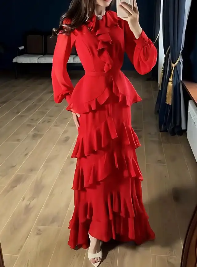 French Rhinestone Button Decor Round Neck Lantern Sleeve Maxi Zipper Back Layered Ruffle Hem Chiffon Evening Dress with Belt
