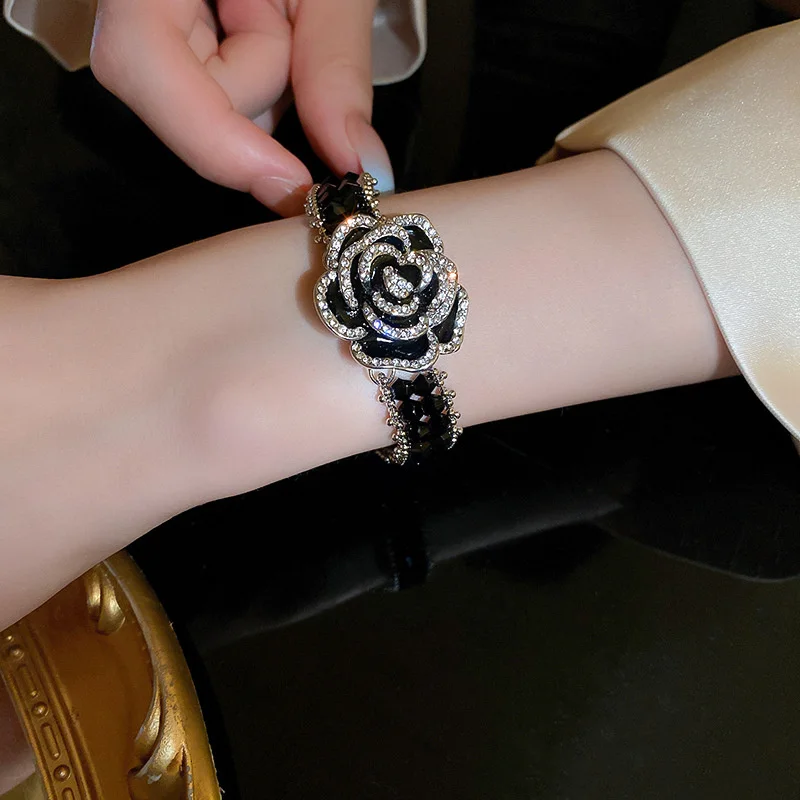 FYUAN Fashion Camellia Flower Bracelet Women Black Crystal Chain Bracelets & Bangles Weddings Party Jewelry