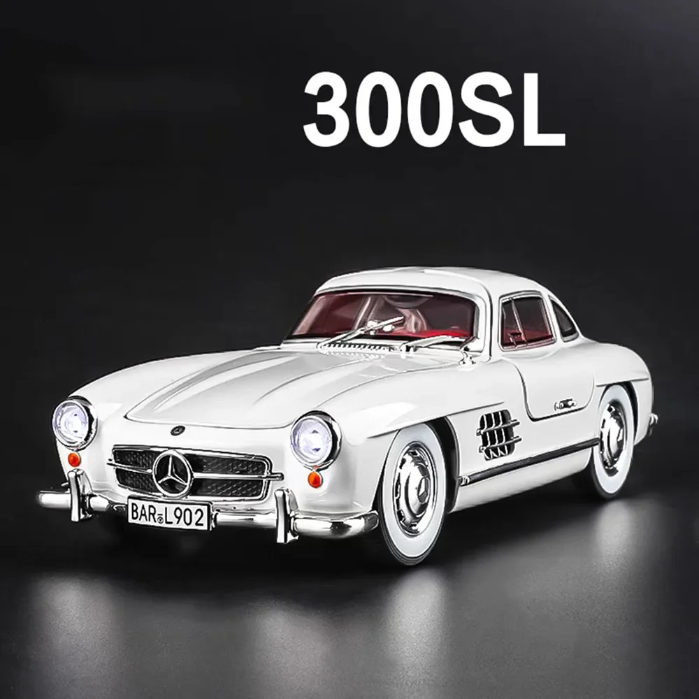 1:24 Alloy Diecast Benz 300SL Cars Miniature Models Toys 4 Doors Opened Vintage Car Light Sound Vehicles for Kids Birthday Gifts