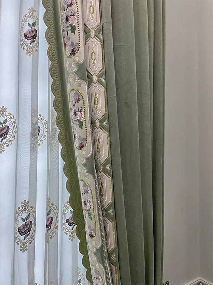 Villa Custom Embroidered Window Screen Green Velvet Thickened Curtains for Living Room Bedroom French Window Balcony