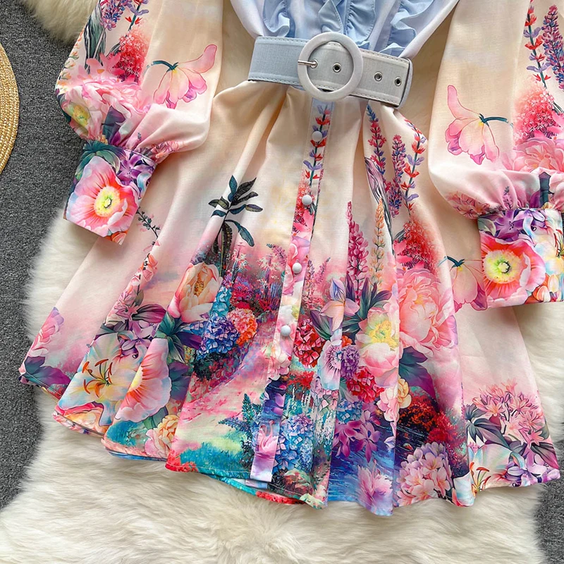 Bohemian Flower Print Women Dress 2023 Spring Summer Loose O Neck Puff Sleeve High Waist A Line Mini Dresses Clothes For Women