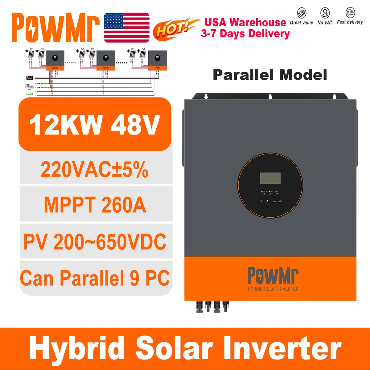

PowMr USA 11KW Hybrid Solar Inverters Parallel Model 48V to 220V Pure Sine Wave MPPT 160A Solar Charge Controller for Panel 500V