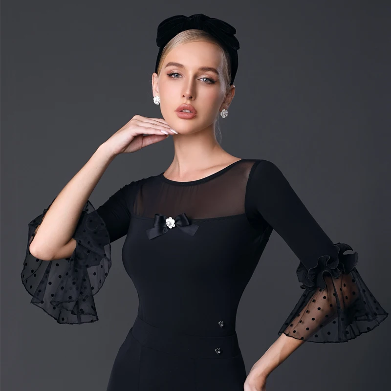 Vêtements de danse pour salle de bal pour femmes, manches courtes, hauts de danse latine, jupe en maille, robes de concours de danse latine pour adultes, nouvelle collection 2023, SL9374