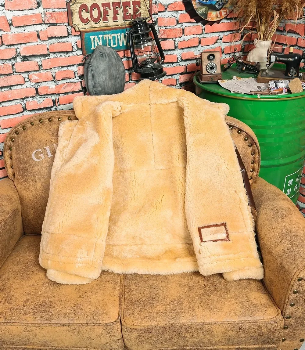 Jaqueta de pele real bomber clássica b3. casaco de lã grosso de inverno quente. pano de couro genuíno de luxo, shearling natural