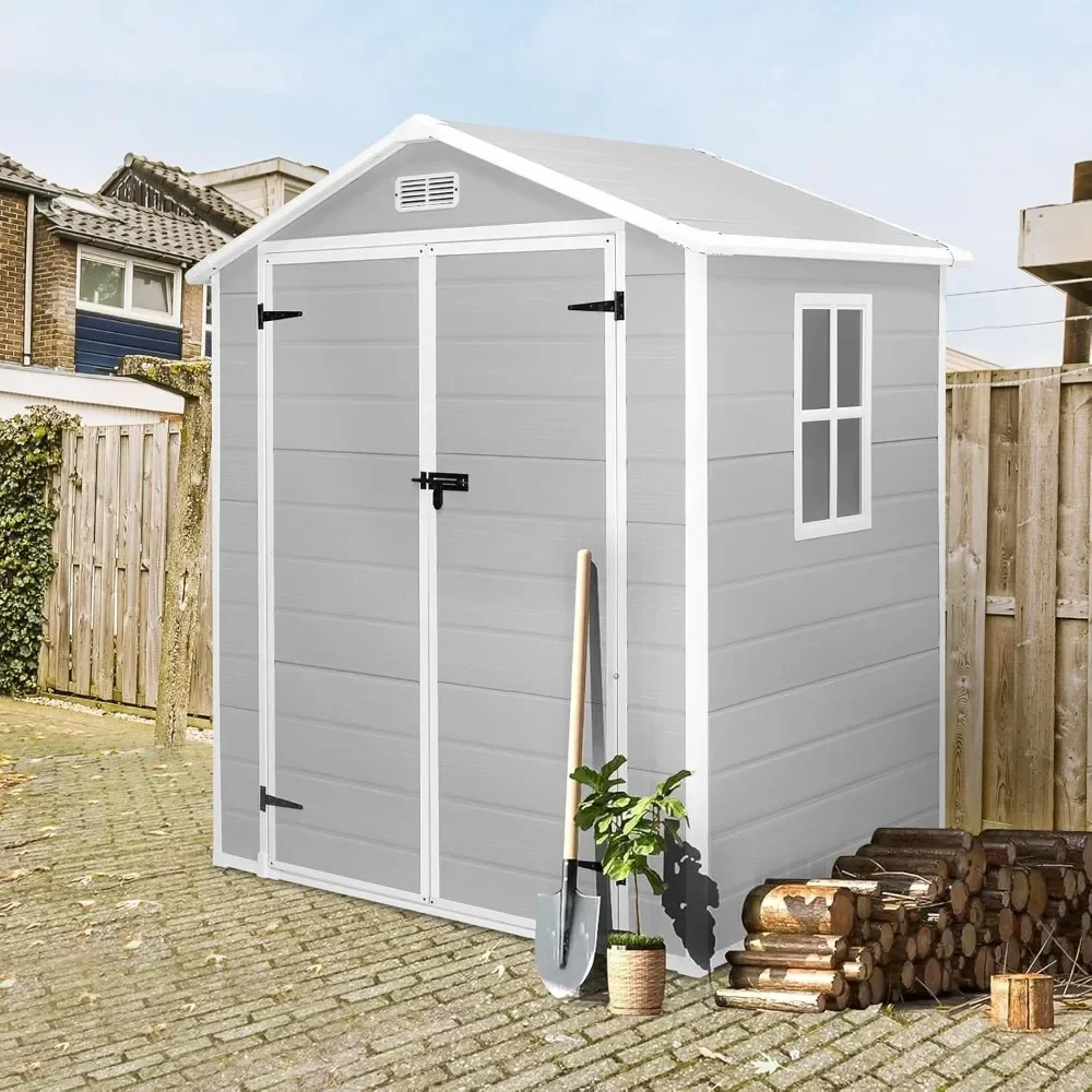 

6x4.4 FT Outdoor Resin Shed with Reinforced Floor, All-Weather Plastic Shed with Lockable Door, Window & Vents, Garden Tool Shed