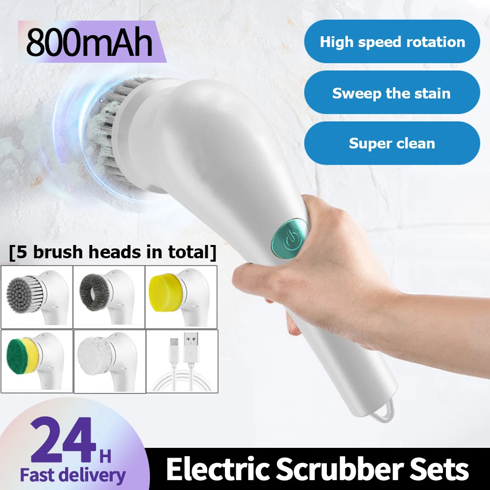 800mAh Waterproof Electric Handheld Scrubber Bathtub Sink USB Charging Interface Washing Tool Brushes with 5 Heads for Kitchen