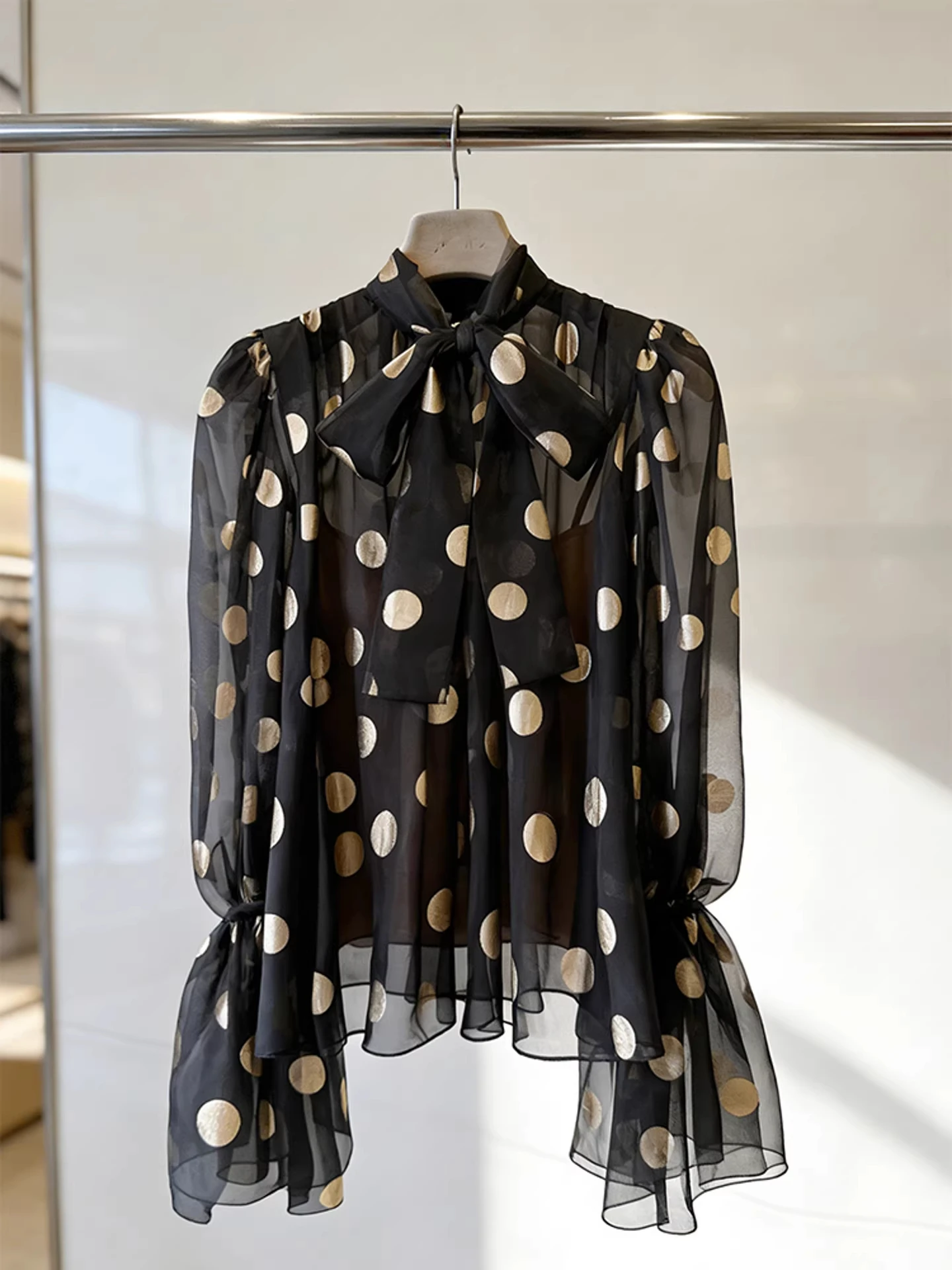 Black Polka Dot Shirt Women's Spring 2026 Long Sleeve Bell Bottom Elegant  Shirt Commute Style Straight Cut Silk Top