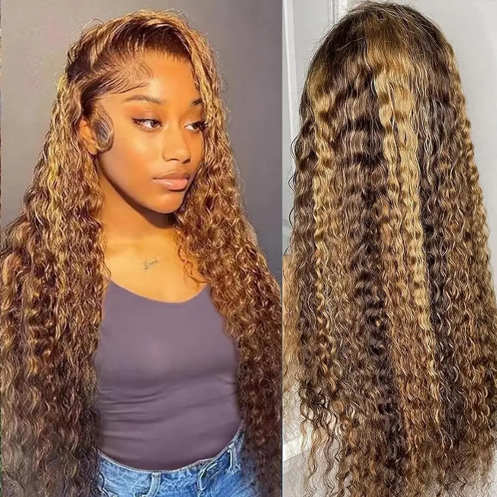 30 inch 13x4 Highlight Ombre Lace Front Wig Human Hair 4/27 Blonde 13x6 Deep Wave Lace Frontal Wig Deep Curly Human Hair Wigs