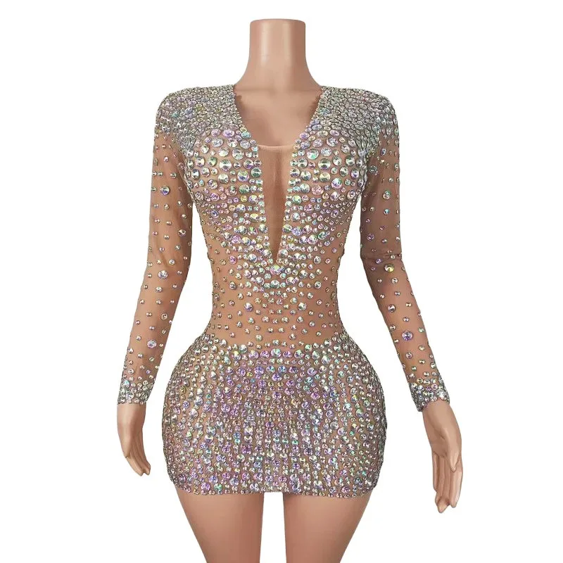 

Sexy Stage Sparkly Rhinestones Short Dress Luxury V Neck Transparent Graduation Cocktail Party Birthday Gowns Nightclub Costume
