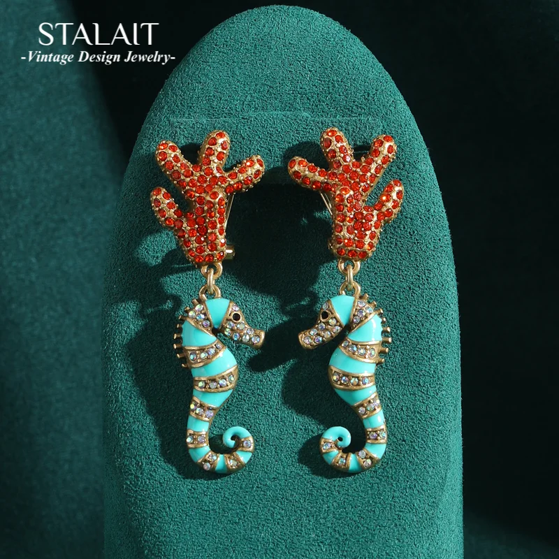 

Vintage Antique Drop Earrings For Woman 2025 Coral Seahorse Enamel Contrasting Natural Stone Jewelry High Quality Designer New