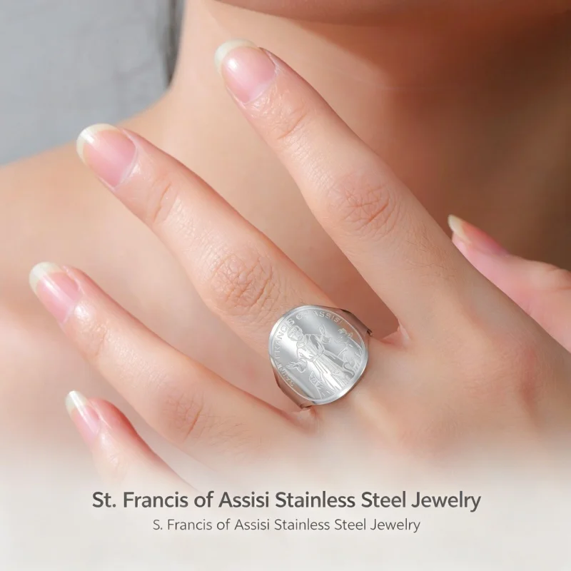 LIKGREAT St. Francis of Assisi Open Ring 20mm Wide Stainless Steel Statement Ring for Men Women Religious Amulet Jewelry