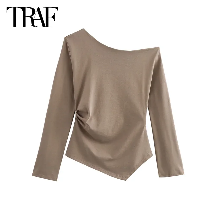 TRAF 2024 damski top Khaki asymetryczne topy jesień eleganckie plisowane swetry moda damska Casual z długim rękawem białe czarne topy