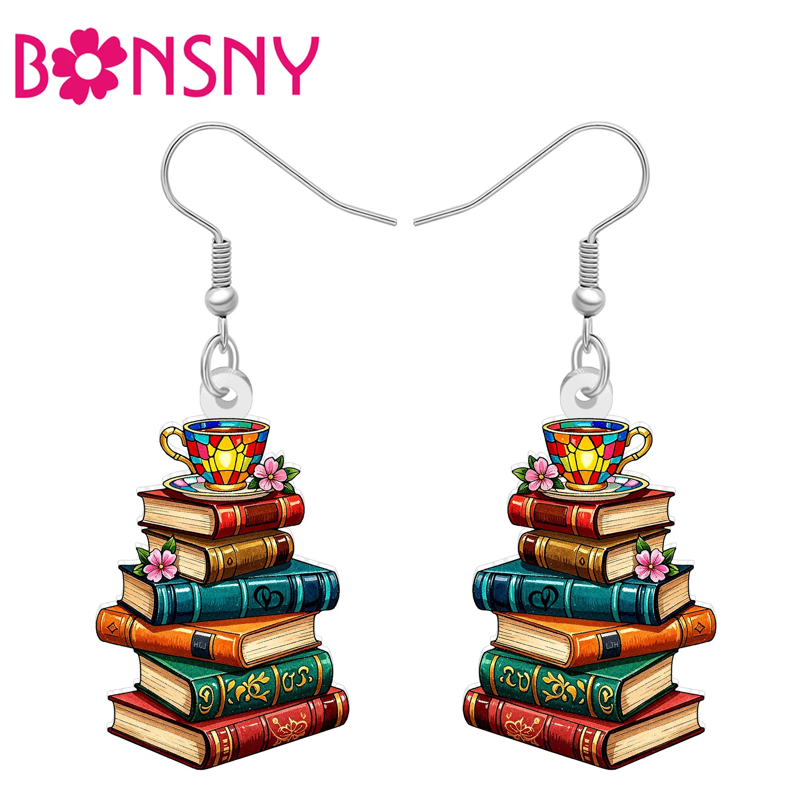 BONSNY Acrylic Colorful Bookplie Earrings Dangle Book Stack Bookish Jewelry Back To School Gifts For Women Teen Homecoming Charm