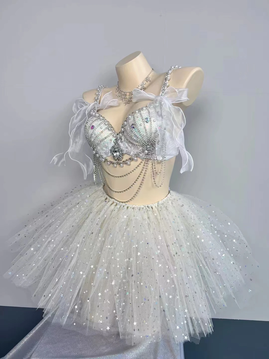 Fantasy Mermaid Rhinestones Pearl Shell Bikini Top Gauze Tutu Skirt Performance Clothes Music Festival Stage Disco Dance Costume