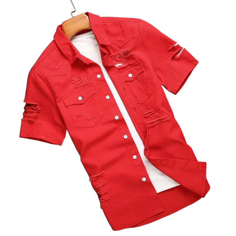 

Men's summer red ripped short-sleeve denim shirt, perfect for travel or street-style photoshoots.