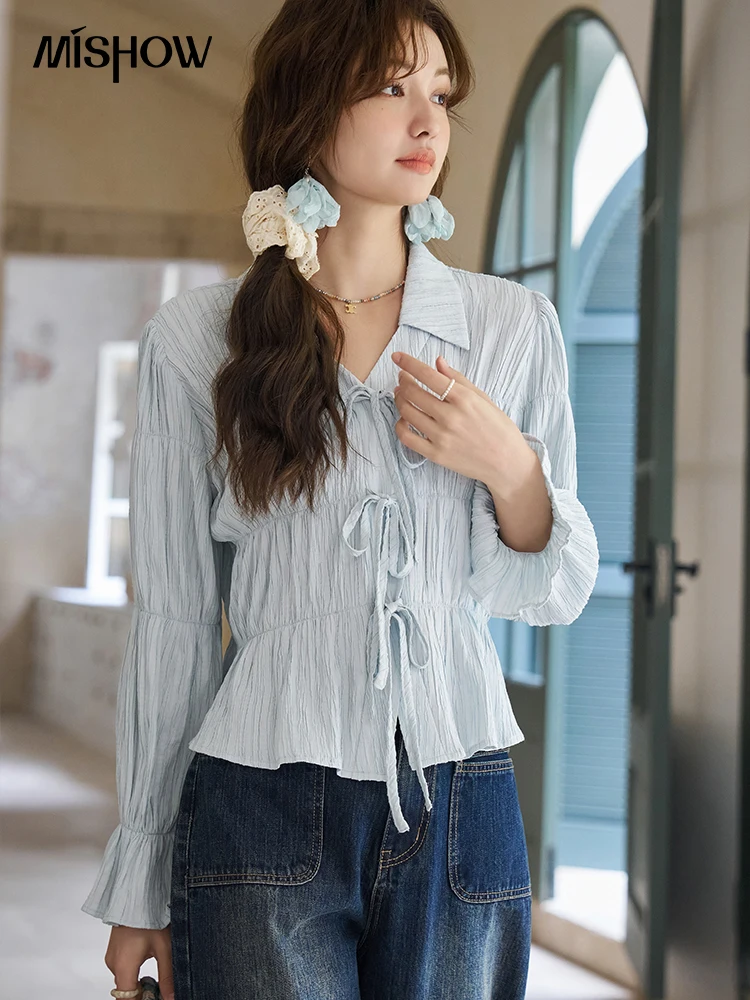 MISHOW French Chiffon Bow Tie Up Top for Women\'s 2024 Spring Elegant Blue V-neck Lapel Collar Flare Sleeve Sweet Top MXD15C0208