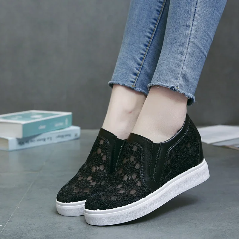 Women's Thick Soled Shoes 2025 with A Height Increase of 7cm White Shoes Summer Casual Walking Flat Low Top Casual Mesh Shoes