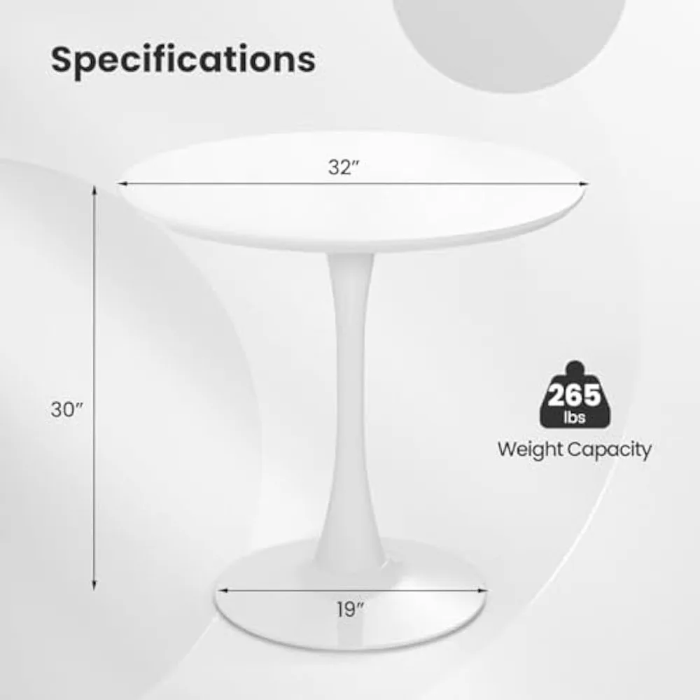 Round Dining Table, 32” White Round Table with 0.9” Thickened Circle Table Top & Metal Pedestal Base