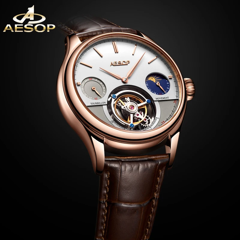 Aesop masculino real tourbillon esqueleto automático movimento auto-vento relógio de pulso luxo cristal safira casual fase da lua mecânica