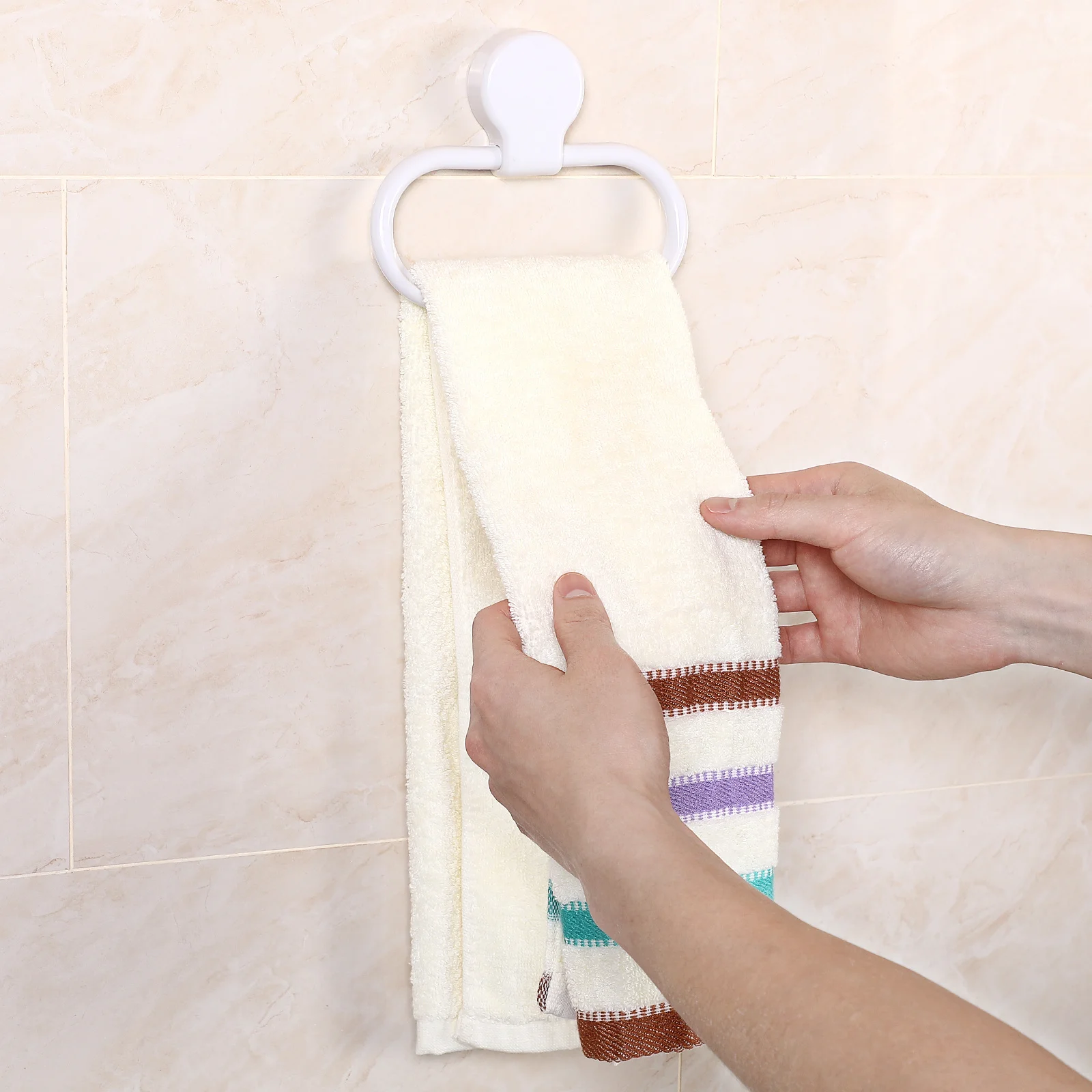 

Towel Holder Ring White Premium ABS No Drilling Self-Adhesive Bathroom Kitchen Towel Rack Mounting Without Tools