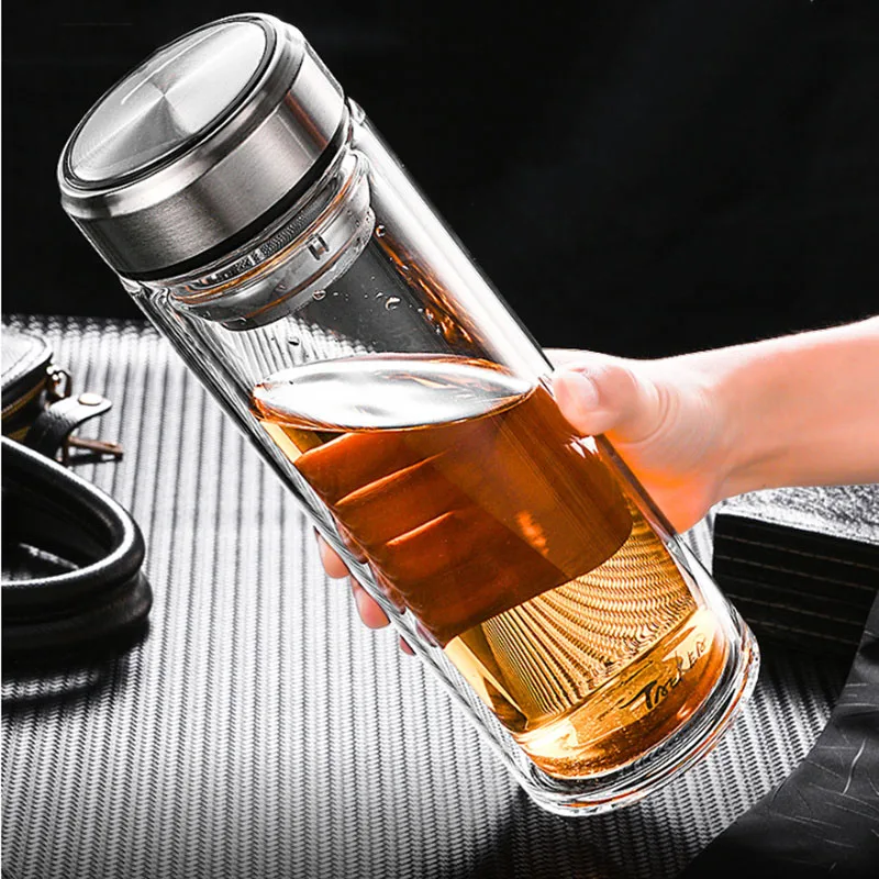 

Large Capacity 1000ml Glass Water Bottle Double-layer Glass Heat-resistant Water Cup with Tea Drain Filter Outdoor Kettle