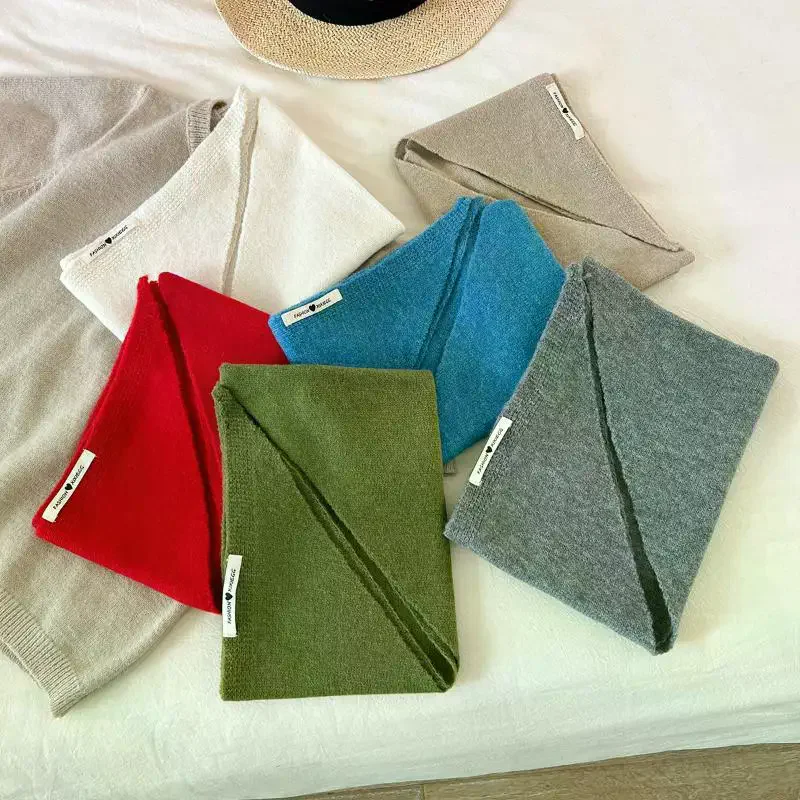 Korean Style Striped Solid Color Wool Knitted Triangular Small Scarf Shawl Headscarf Knitted Scarf Multi-functional Warm Scarf