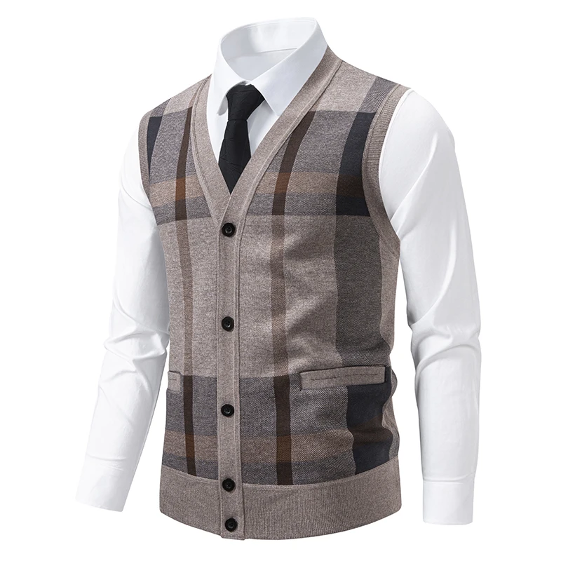 

Новый мужской флисовый вязаный жилет без рукавов, осень-зима, свитер с v-образным вырезом, жилет на пуговицах спереди, вязаный кардиган, жилет