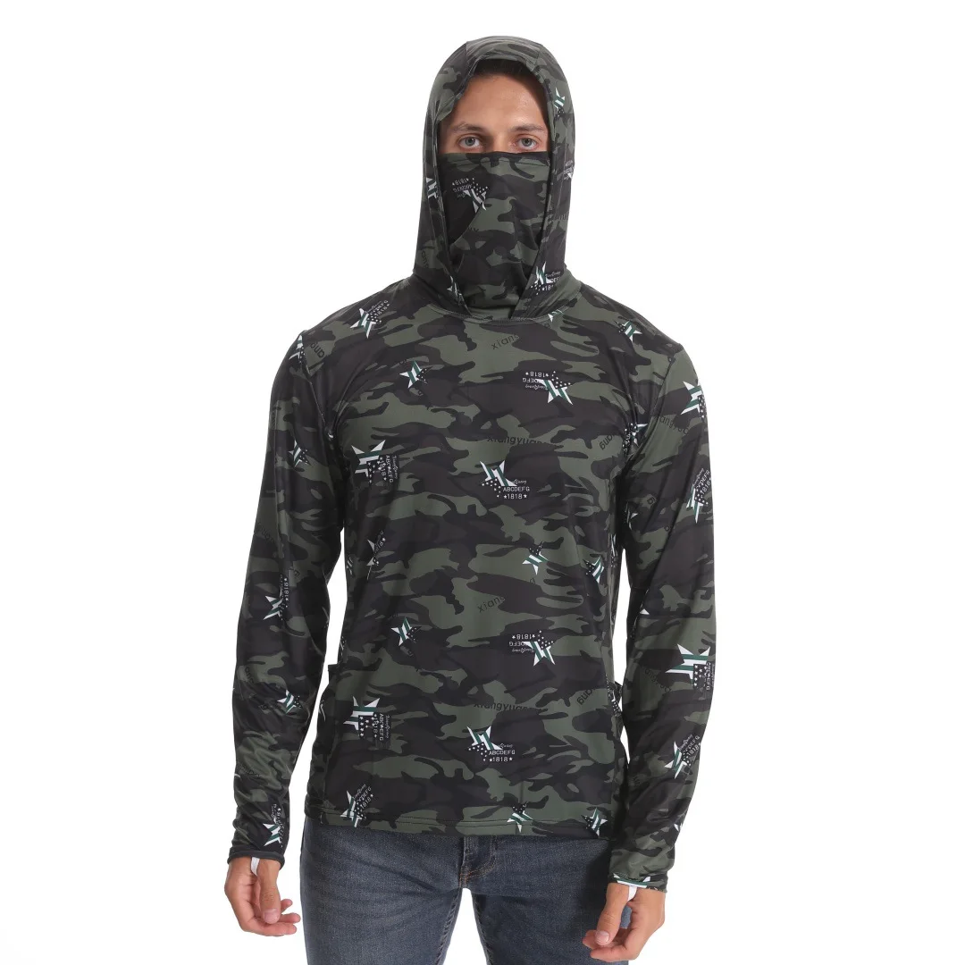 Men Camo Hooded Fishing Shirt With Built‑in Face Mask UPF50+ Quick Dry Thumb Hole Long Sleeve Outdoor Sun Protection Fishing Top