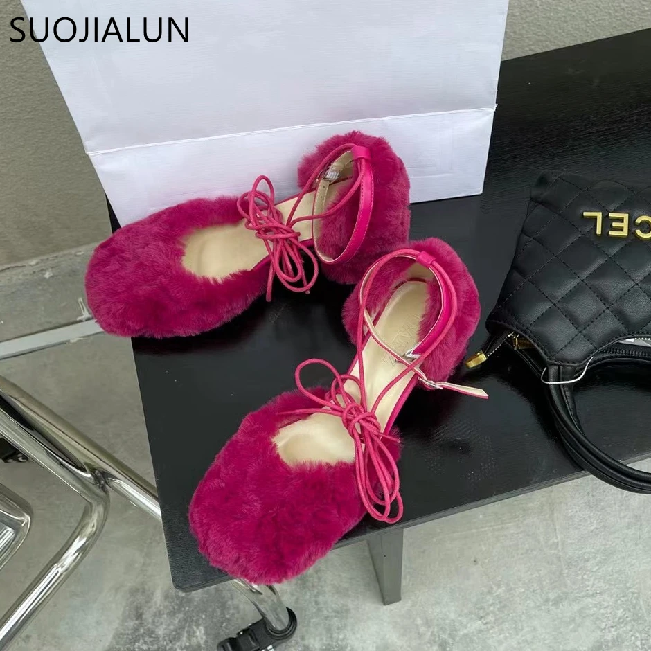 SUOJIALUN 2023 New Brand Women Sandal Fashion Furry Ladies Elegant Square Low Heel Dress Pumps Shoes Outdoor Slingback Shoes