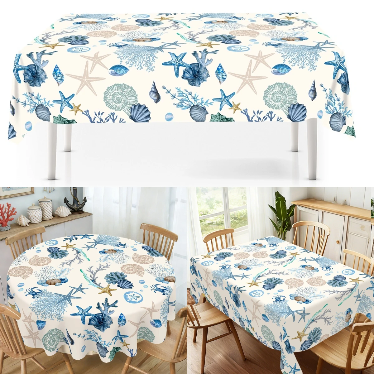 Ocean Starfish Tablecloth Polyester Rectangle & Round Table Cover Waterproof Stain Resistant Wrinkle Free Indoor Outdoor Table