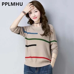 Spring Women Loose Stripe Sweaters Elegant O-neck Casual Knitted Jumper Long Sleeve Korean Vintage Pullover New Knitting Tops