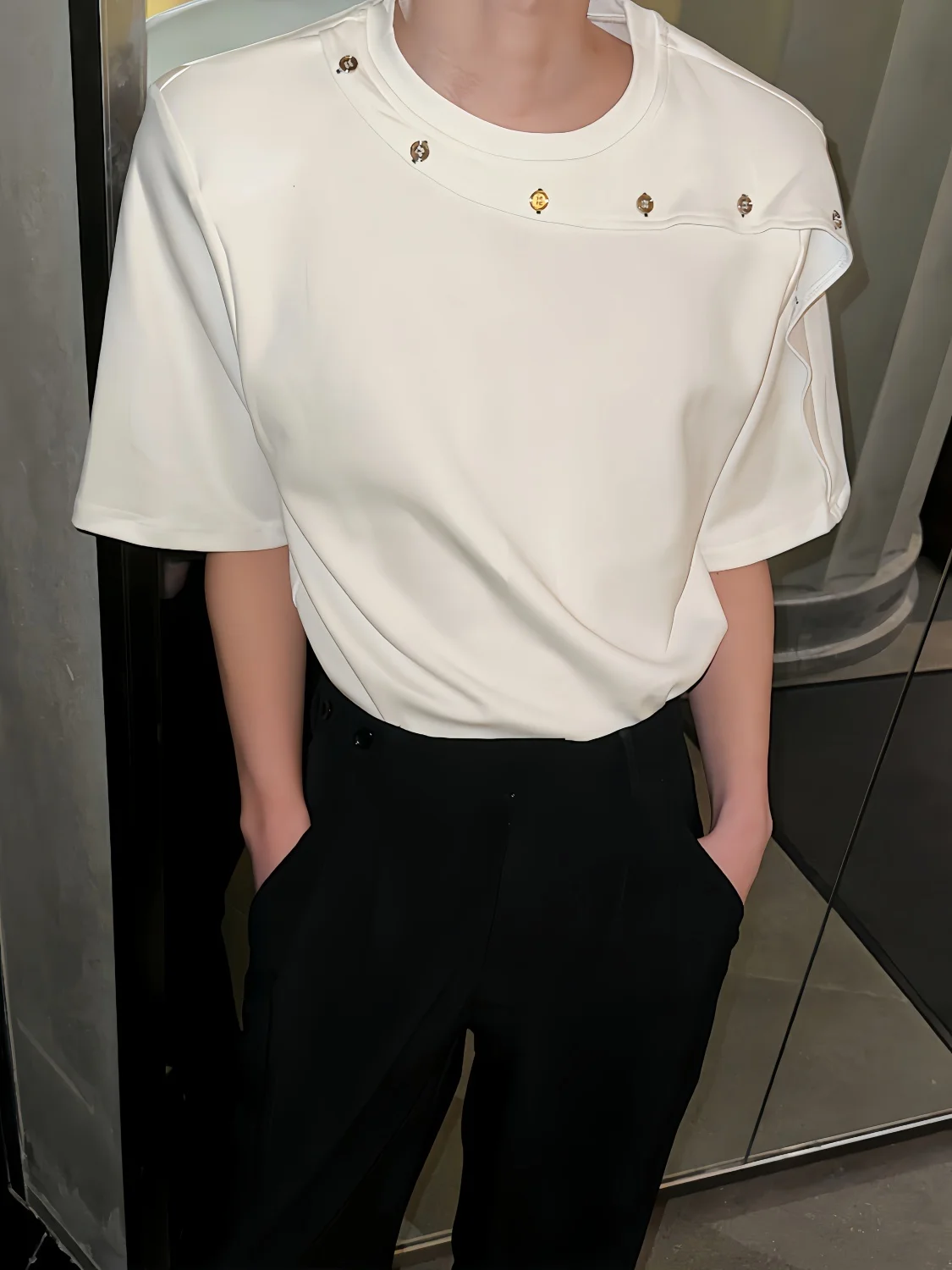 

Korean Version of Loose Simple Shoulder Pad Short-sleeved Black T-shirt Men Summer Casual Versatile PulloverYY22