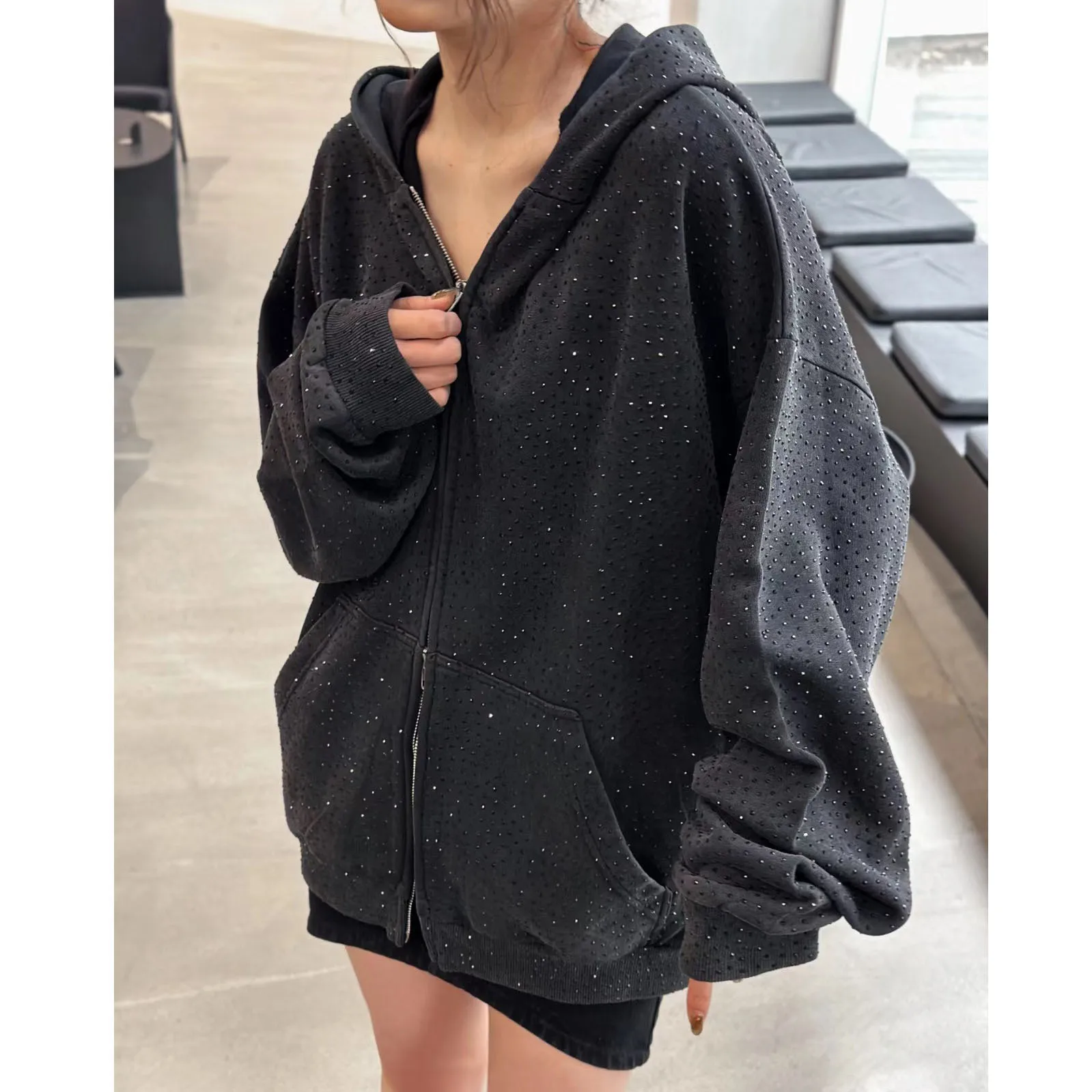 Spring Autumn New Men\'s and Women\'s Heavy Industry Full Body Rhinestone Jacket Loose Casual Hooded Sweatshirts Streetwear Top