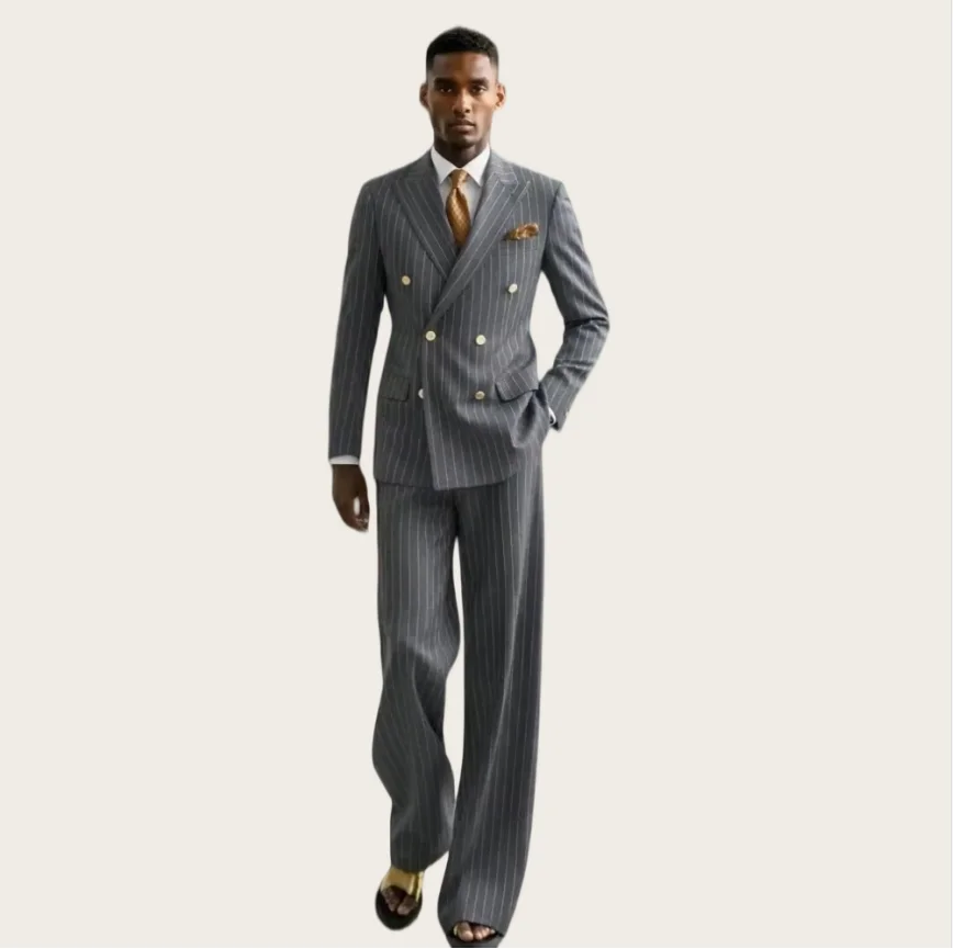 Men's Striped Suits Double Breasted Set Fashion Peak Lapel Tuxedo 2 Piece Wedding Blazer Business Office Events Casual Male Suit