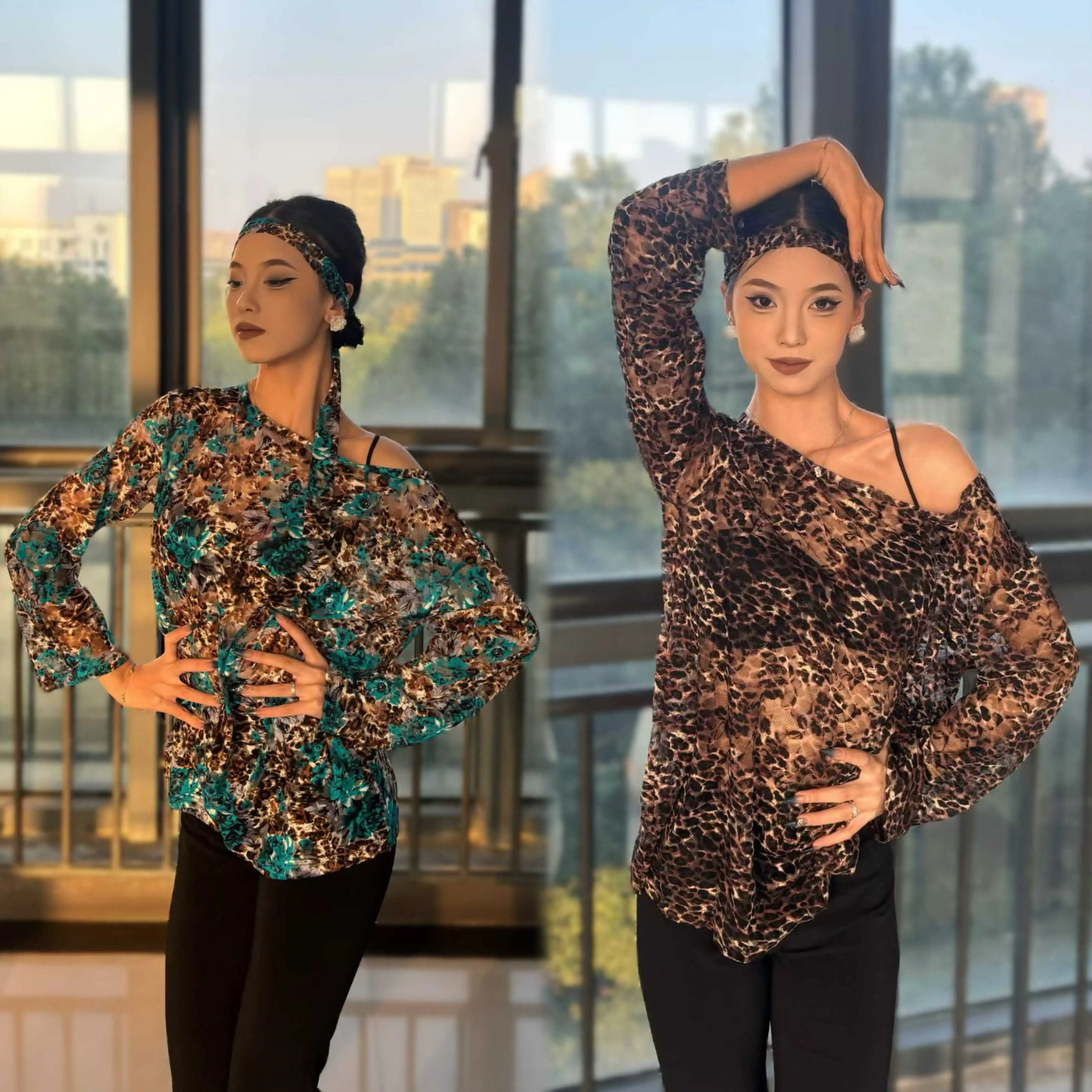

2025 Women Latin Dance Costumes Sexy Sloping Shoulder Leopard Print Top Practice Clothes Samba Ballroom Dance Clothing DN22104