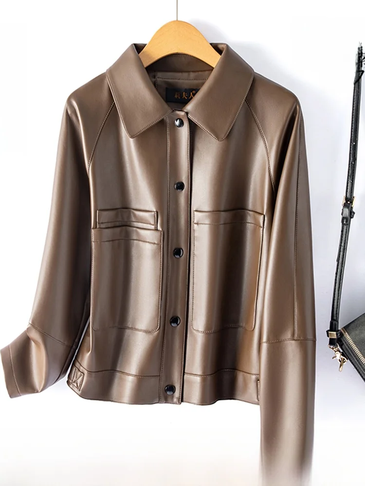 

Spring Autumn ort Genuine Leather Jaet Women's Biker Sle Slim Fit eepskin Coat Sli Commute Faion Ladies' Outerwear