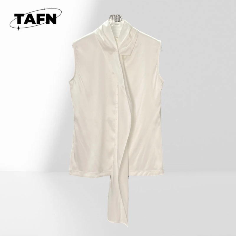 100% Silk Style Women Sleeveless Satin Look Blouse Scarf Neck Draped Top Luxury Minimalist Fashion BF2023