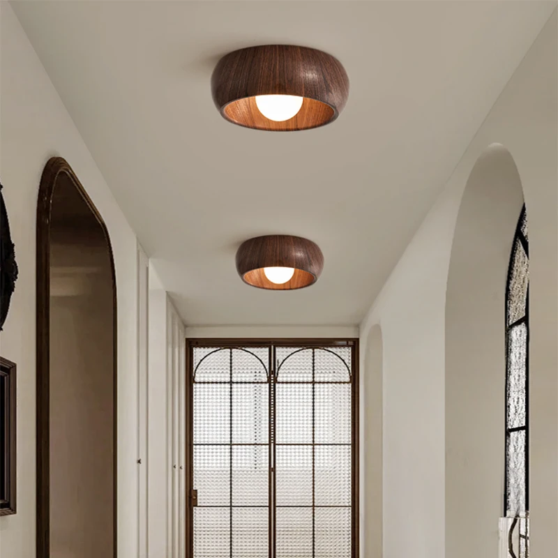 İskandinav Yatak Odası Tavan Işıkları Ceviz ahşap Renk Odası koridor Modern Çalışma Lambası Gömme LED Yuvarlak Demir Lamba Oturma Odası Işık