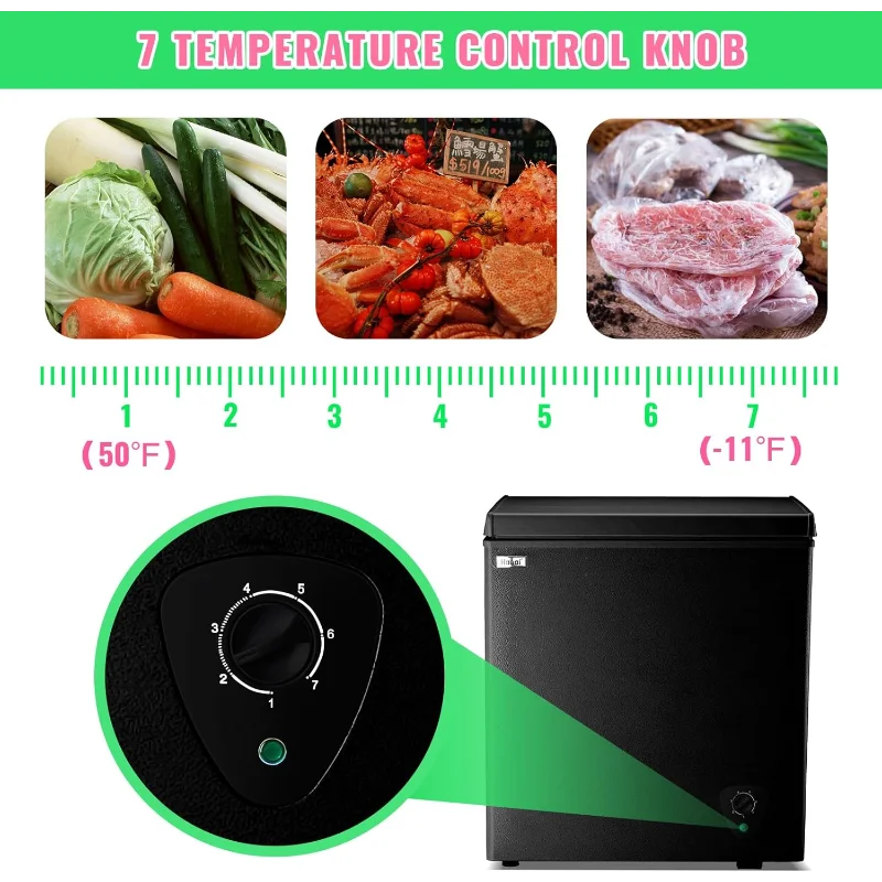 WANAI 5.0 입방 미터 냉동고, 상단 개방 도어 및 탈착식 보관 바구니 포함, 7단계 온도 조절
