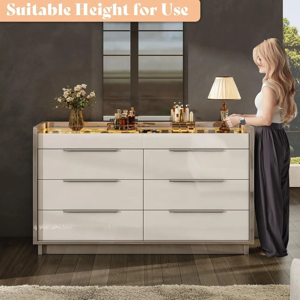 47.2" 8 with LED Light, Modern High Gloss Chest of Drawers with Glass Tabletop & 2 Six-Grid Jewelry